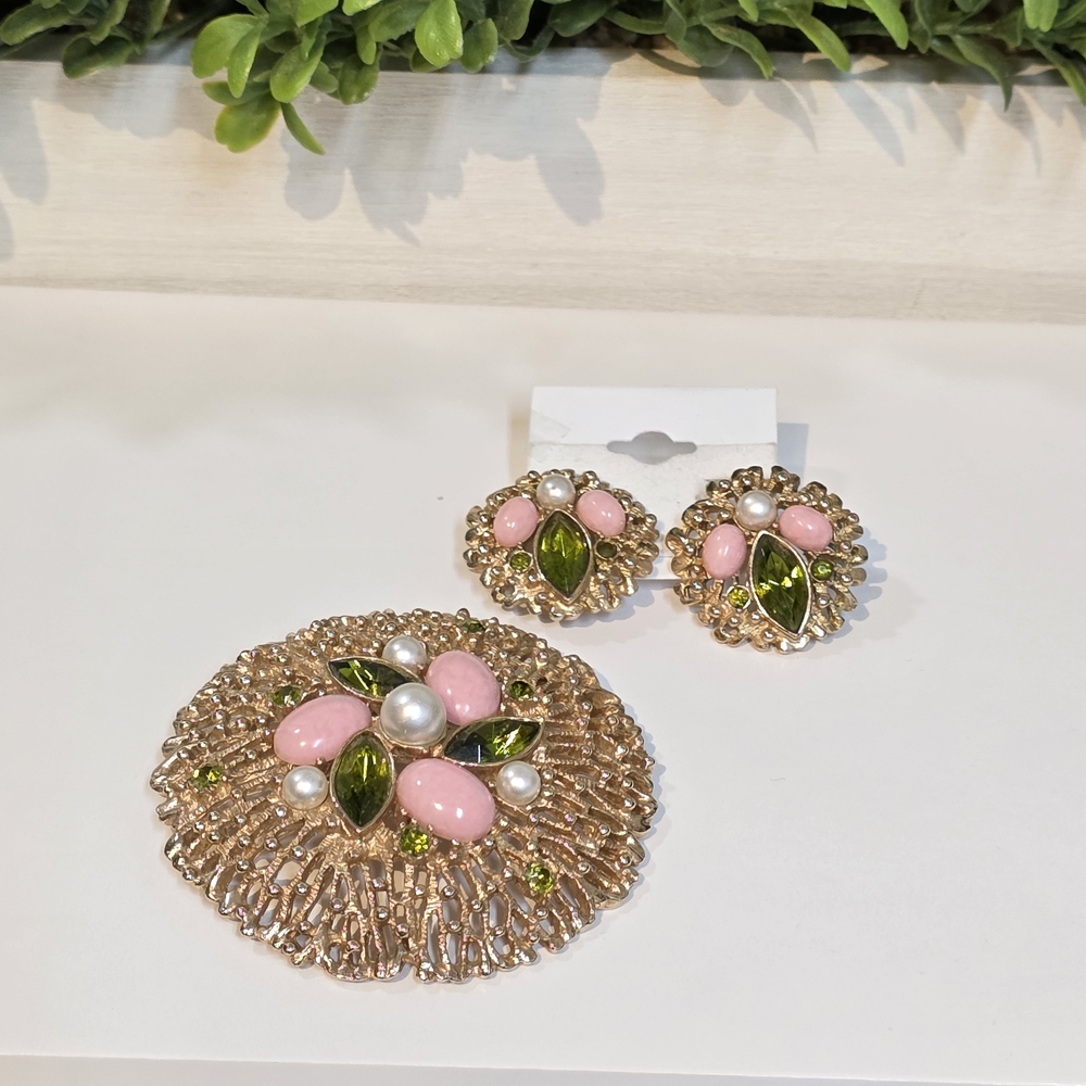 Sarah Coventry Gold Brooch with Pink and Green Accents